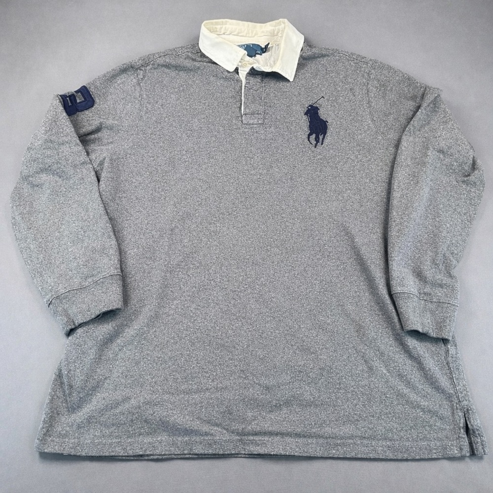 Vintage Ralph Lauren POLO Men's Gray Big Pony Long Sleeve Rugby Shirt XL Y2K